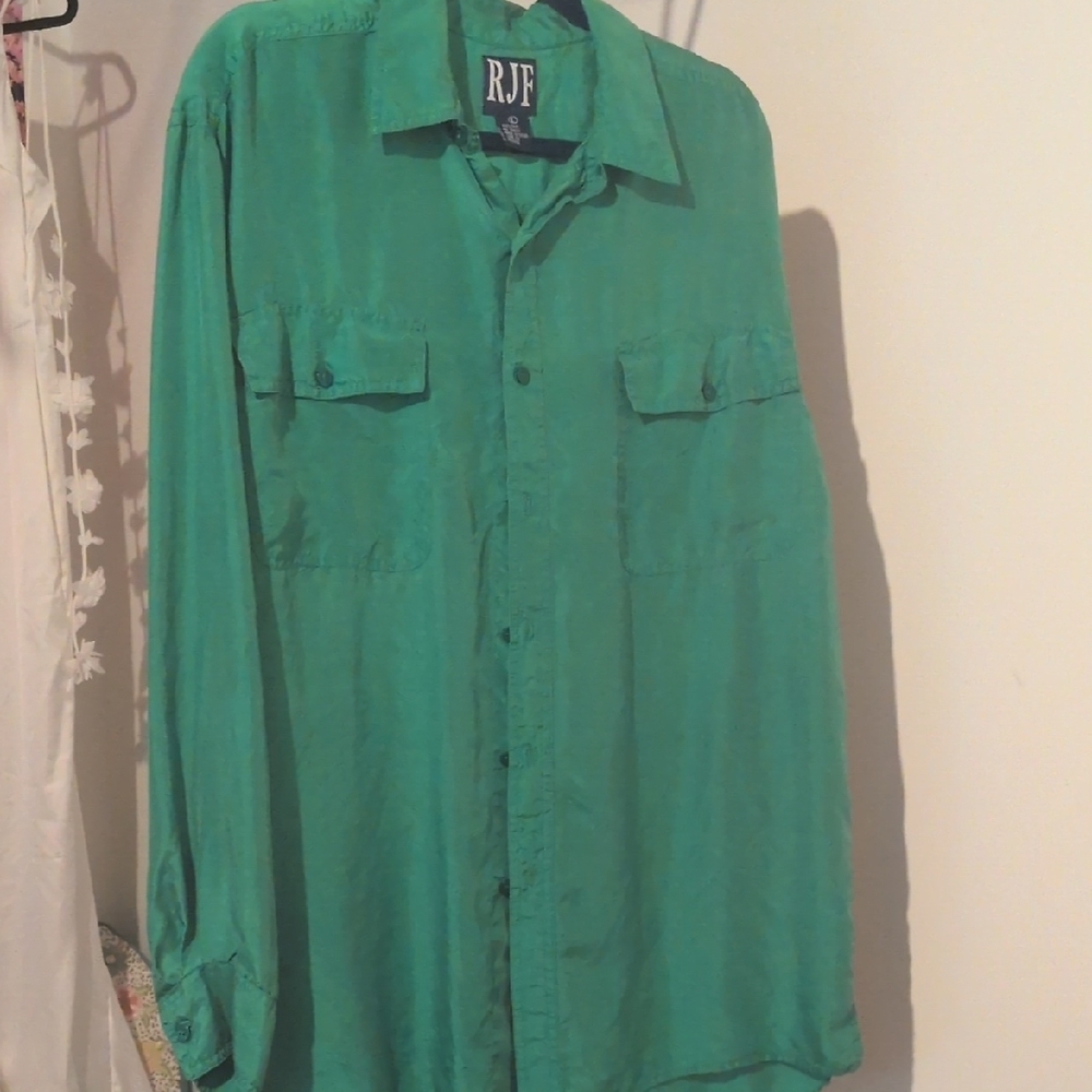 Green Button-Up Shirt 100% Silk